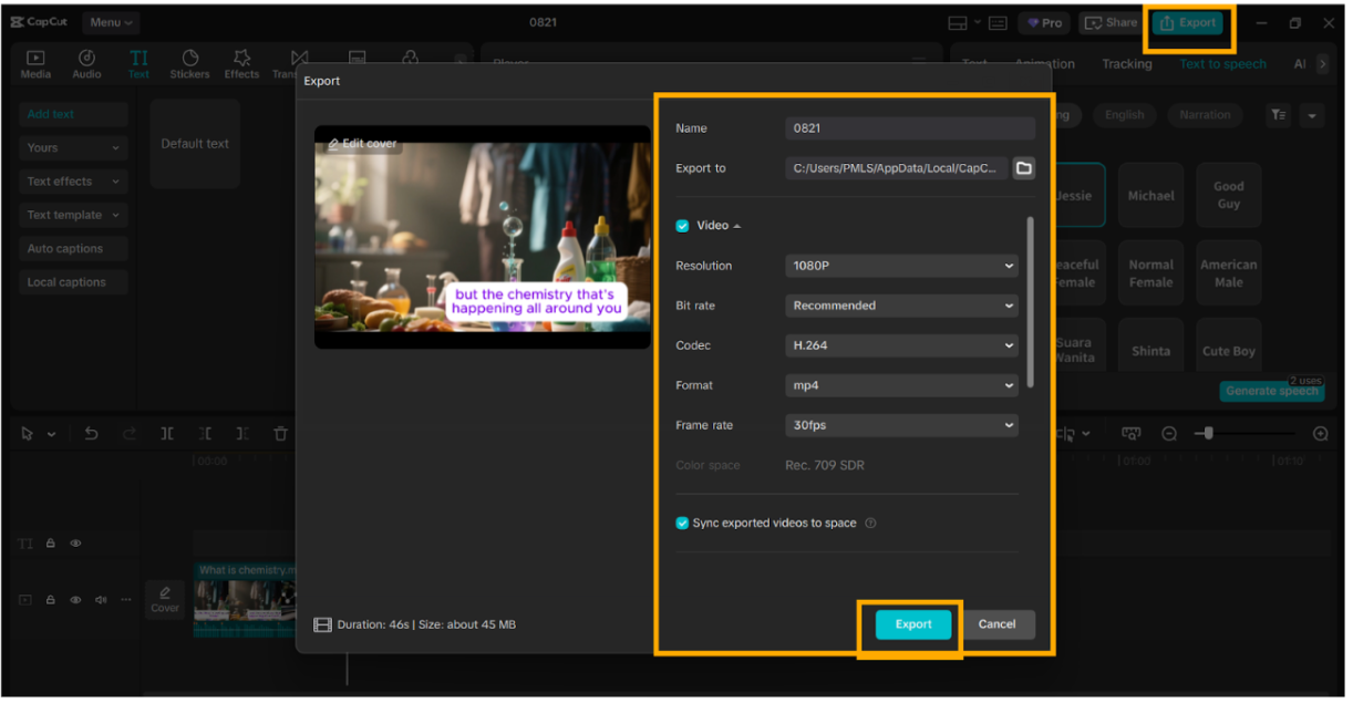 Steps to Use the AI Voice Generator on CapCut PC - Export and Share