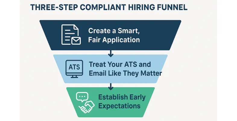 Infographic showing a three-step compliant hiring funnel: 1) Create a smart, fair application; 2) Treat your ATS and email like they matter; 3) Establish early expectations.