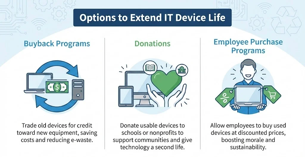 IT Asset Disposal : options to extend IT device life through buyback programs, donations, and employee purchase programs.